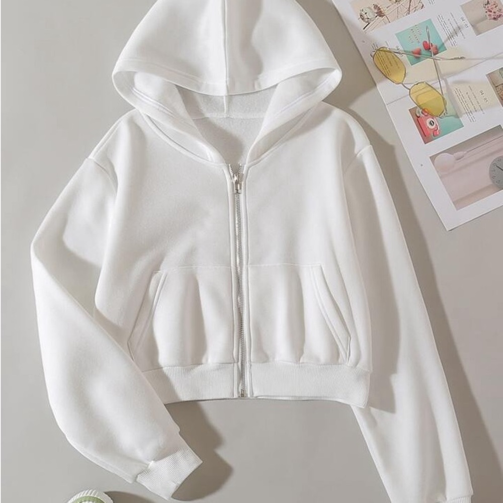 White Cropped Zip-Up Hoodie